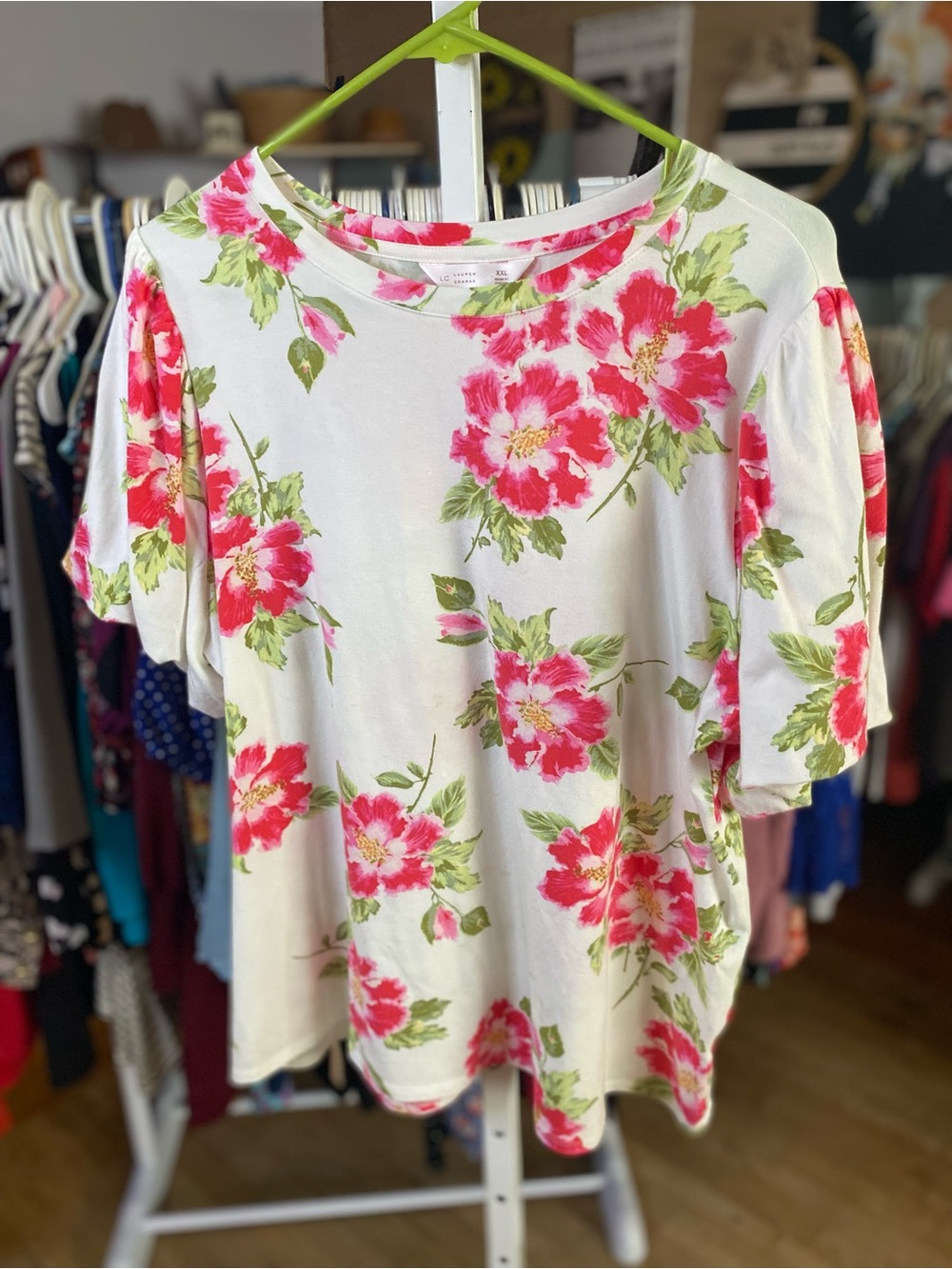 LC Lauren Conrad Floral Puff-Sleeve Top - Pink on Cream